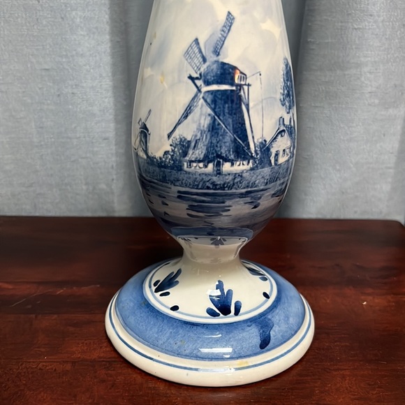 Tall Slender Blue Delft Bud Vase w/ Windmill on one side, Sailboat on the other - Picture 4 of 14